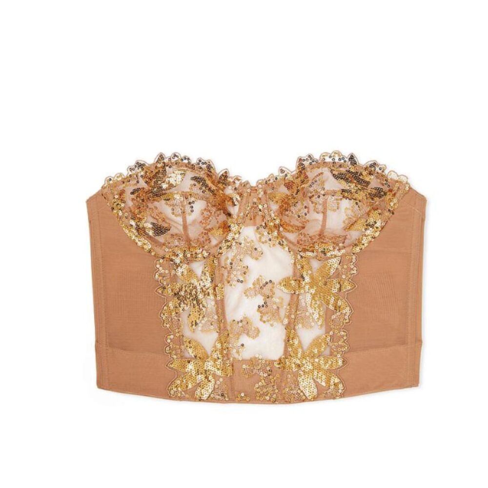 NWOT VS Gold Sequined Ziggy Floral Embroidery Unlined Corset Top
